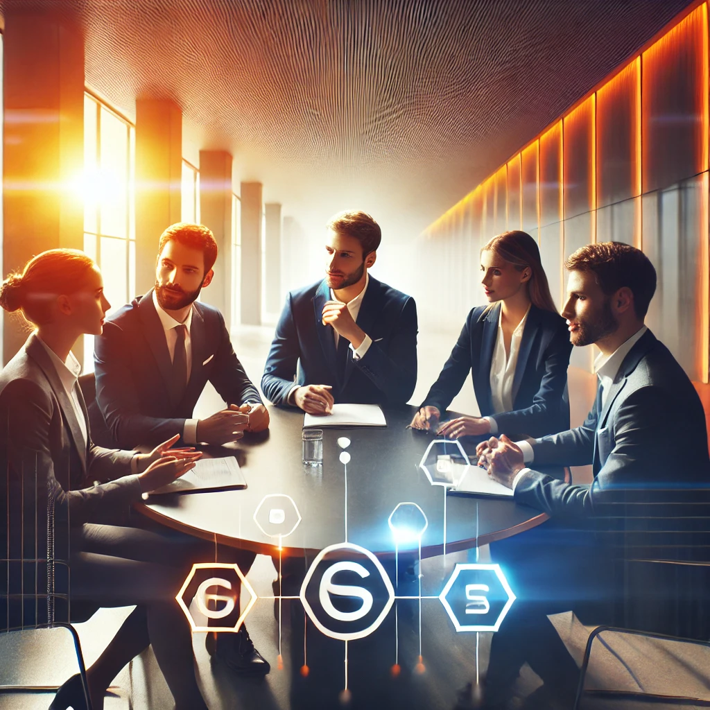 DALL·E 2025-02-16 14.22.24 - A highly realistic corporate setting with a small team of business professionals engaged in a strategy meeting. The individuals should have natural fa